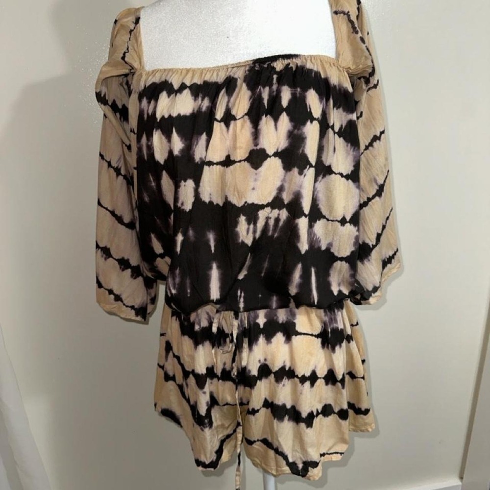 Elan Tie Dye Off Shoulder Romper Black Tan Small RYT 7045